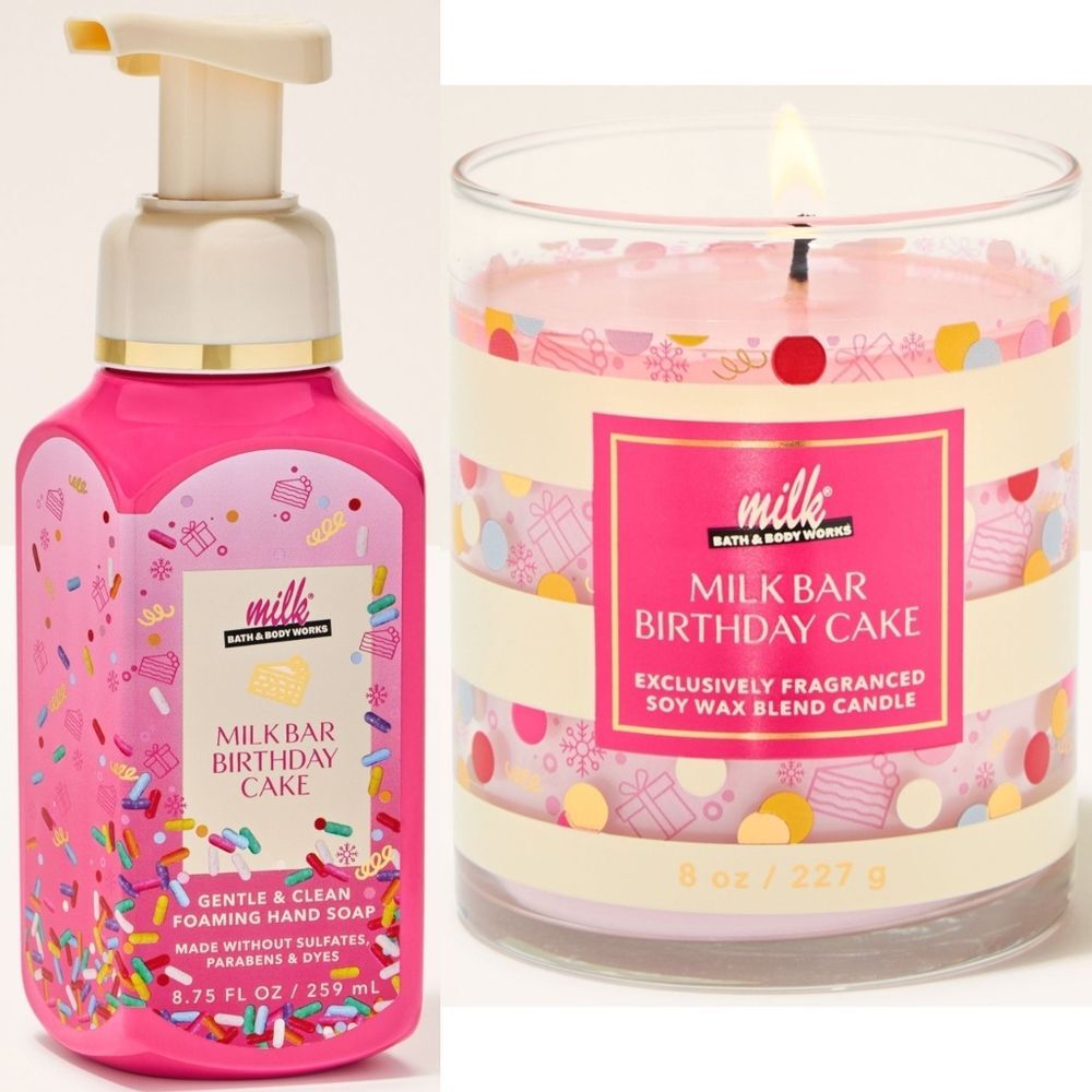 Bath & Body Works Milk Bar Birthday Cake Candle & Hand Soap Set NEW